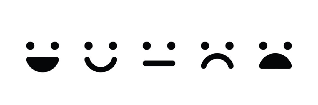 Set of five simple face icons showing different levels of emotion