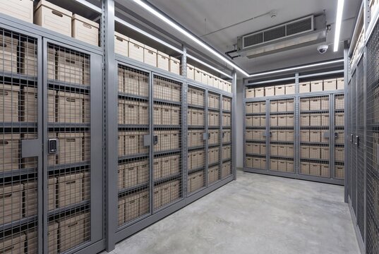 Secure archive storage facility with cardboard boxes in metal cages