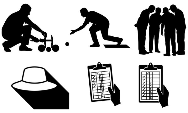 Black silhouettes of people doing various activities such as bowling and checking lists on clipboards with a hat on a table  office work and leisure concepts