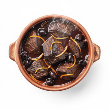 Traditional Daube Proven&ccedil;ale with Slow-Braised Beef, Black Olives and Rich Red Wine Gravy Isolated on White Background