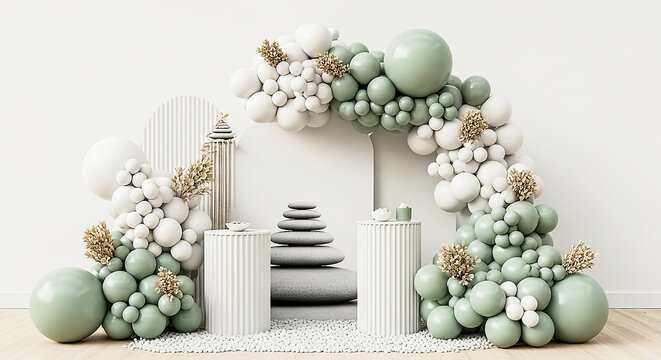 Stylish arrangement of pastel green and white balloon arches with decorative columns, greenery, and stacked stones for a chic event backdrop.