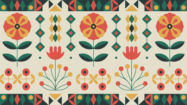 Vibrant folk art pattern with stylized flowers and geometric motifs