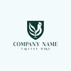 Fototapeta premium Minimalist rooster logo design featuring a stylized chicken integrated with leaf shapes inside a shield emblem