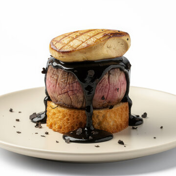 Luxurious Tournedos Rossini with Filet Mignon, Seared Foie Gras and Black Truffle Sauce Isolated on White Background