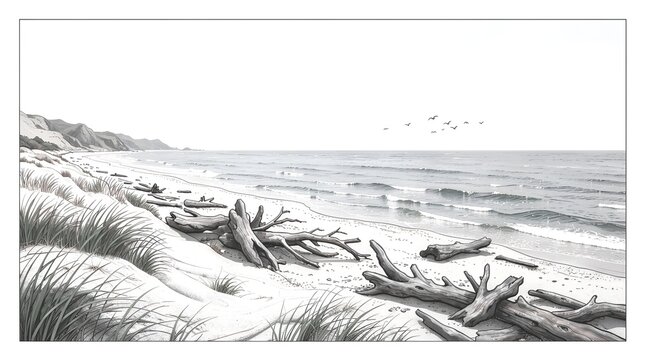 Quiet beach scene with driftwood and grasses along a windswept shoreline.