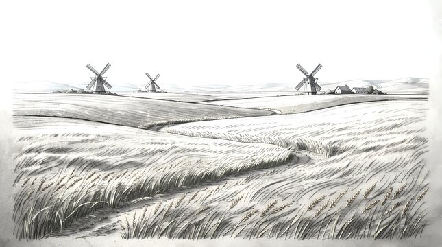 Open wheat field with distant windmills sketched in a soft rural style.
