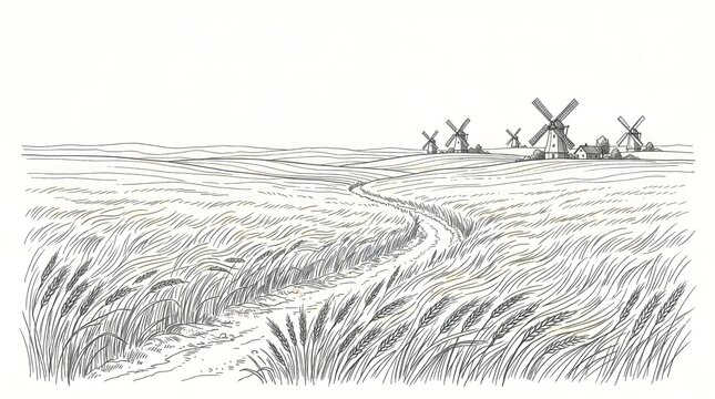 Expansive agricultural landscape with waving crops and windmills on the horizon.
