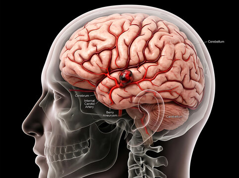 Human head profile with berry aneurysm in brain vasculature image