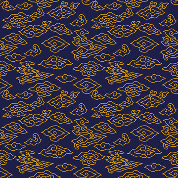 Vector pattern illustration of Cirebon gold mega mendung batik image on blue background