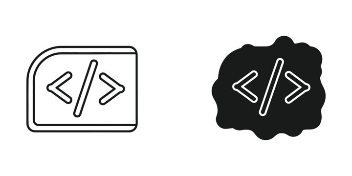 Abstract code symbols in minimalist and solid black icons on white background with copy space