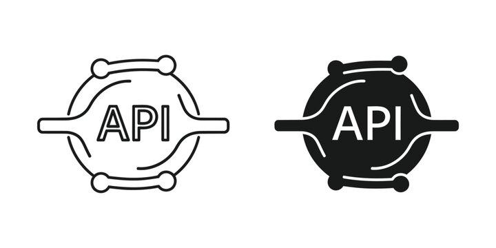 Abstract API connection symbol in outline and solid black vector graphics for technology and digital integration concepts