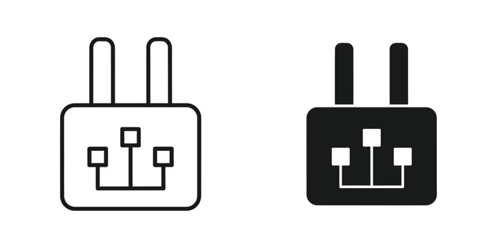 Electrical fuse icon in line art and solid silhouette on white background for circuit protection concept