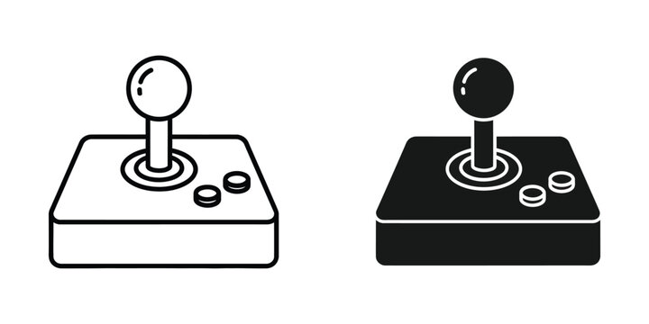 Retro arcade joystick icon with buttons in outline and solid silhouette on white background for gaming concept
