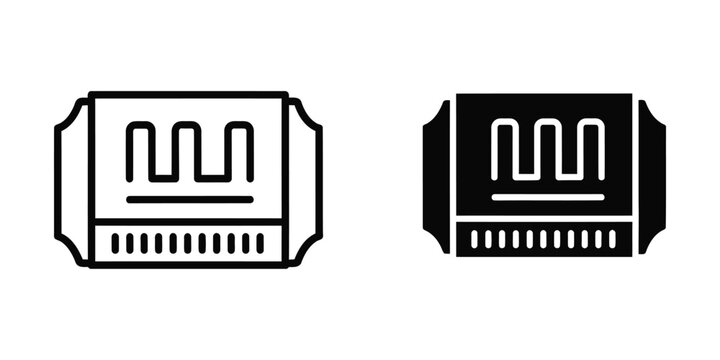 Two simplified icons of a ticket or tag with a wave pattern and parallel lines on a white background