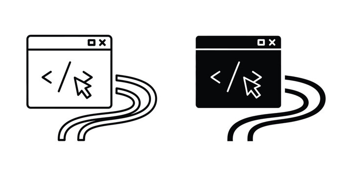 Web development coding interface with cursor on winding path during concept development and design