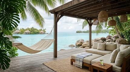 Obraz premium a serene tropical outdoor lounge area with a hammock and ocean view
