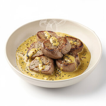Traditional Rognons de Veau &agrave; la Moutarde with Seared Veal Kidneys in Creamy Mustard Sauce Isolated on White Background