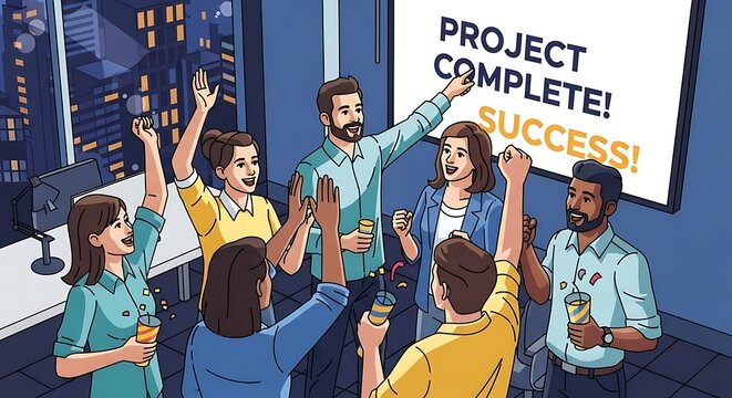 Diverse office team celebrating project completion success.