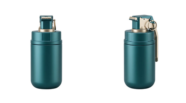 Tactical flash bang grenade in teal metallic finish showing front and side perspectives with safety pin and lever isolated on transparent background for military simulation and gaming assets.