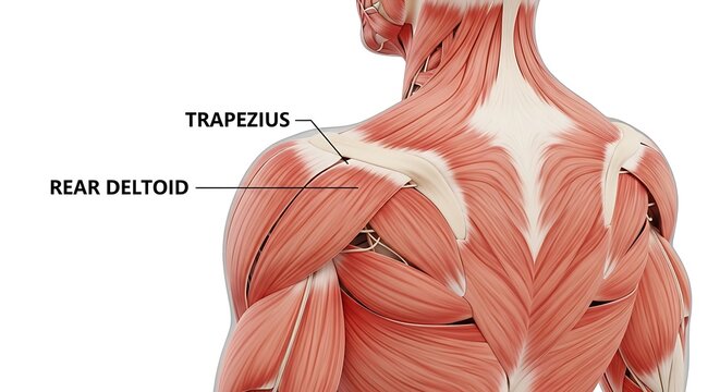 Human anatomy back muscles diagram with labels, trapezius and rear deltoid muscle structure, medical illustration of upper body musculature