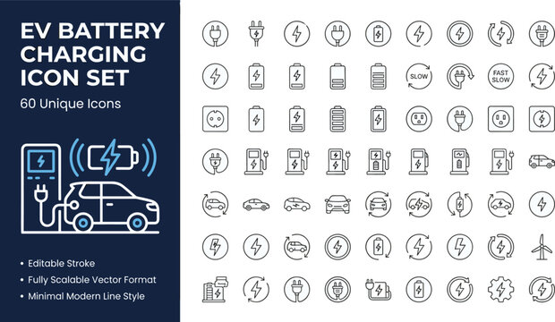Modern ev battery charging icons set with car symbols