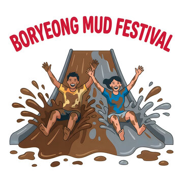 Children gleefully sliding down a mud slide at a summer festival event