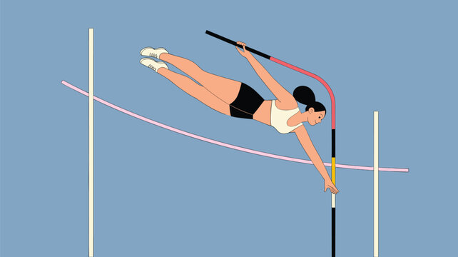 Athletic young woman performing a pole vault jump over a high bar against a clear blue sky during a track and field event.