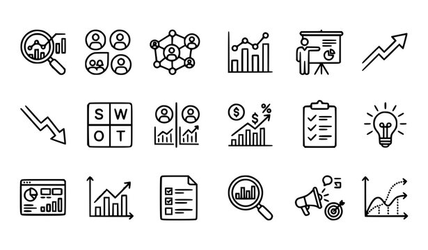 Editable Stroke Market Research Workflow Icons with Audience Analytics Trends and Business Strategy