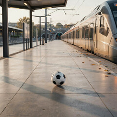 Soccer ball sits alone on the concrete platform of a train station while a modern commuter train waits nearby tracks.