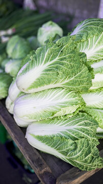 Fresh napa cabbage on market stall for sale