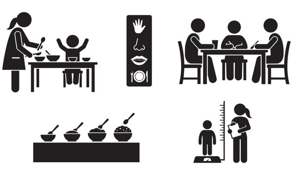 Blackandwhite illustrations of people eating and measuring height  various scenes of dining and health monitoring