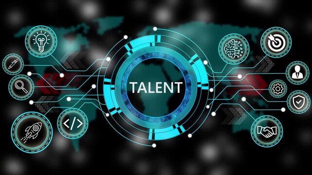 Animation of technology and business process talent
 with digital interface icons. world map background 4k animation video  
