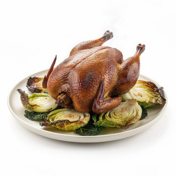 Classic Pintade R&ocirc;tie with Bronzed Roasted Guinea Fowl and Savory Cabbage Isolated on White Background