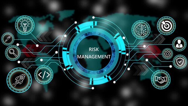 Animation of technology and business process risk management with digital interface icons. world map background 4k animation video  