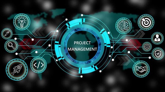 Animation of technology and business process project management, with digital interface icons. world map background 4k animation video  