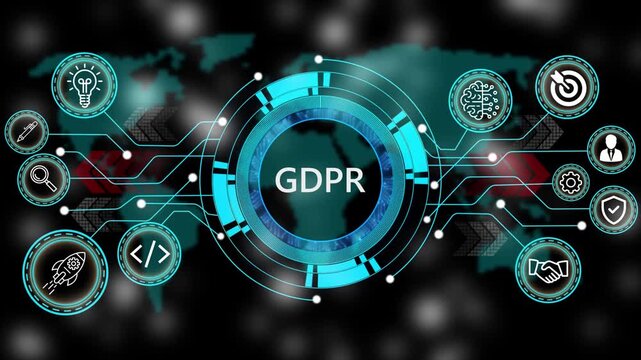 Animation of technology and business process GDPR with digital interface icons. world map background 4k animation video  