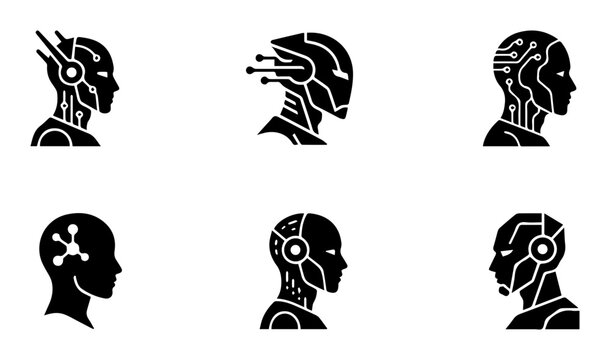 6 Robot head silhouette icons, futuristic cyborg set, solid black style, technology