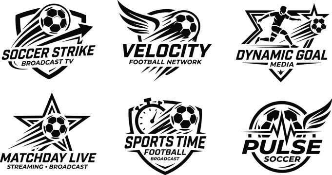 Collection of dynamic soccer sport logos with shields, wings and stars.
