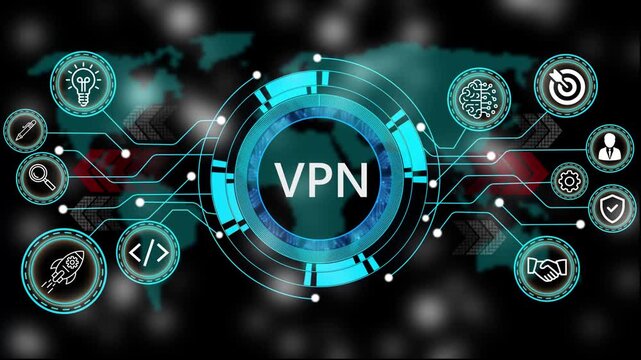 Animation of technology and business process VPN with digital interface icons. world map background 4k animation video  
