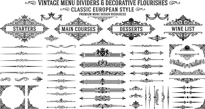 Vintage menu dividers and decorative flourishes classic european style premium design.