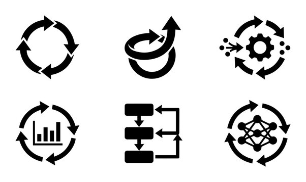 6 Business process management silhouette icons, solid black style, workflow optimization set, business, productivity