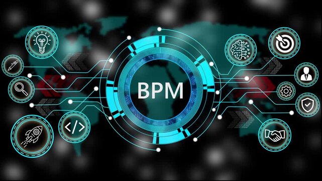 Animation of technology and business process BPM with digital interface icons. world map background 4k animation video  