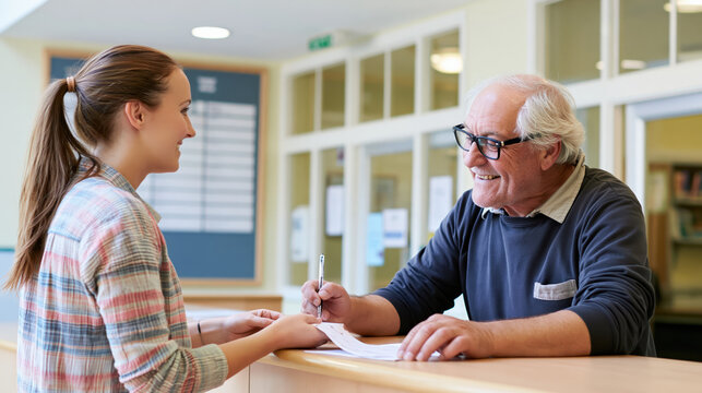 Senior man registers for a class at a community center reception desk with a smiling staff woman