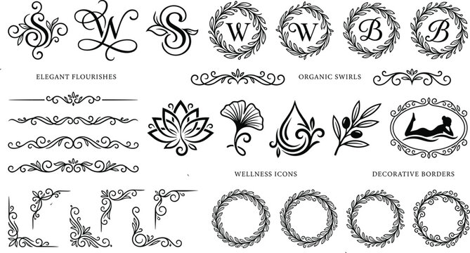 Elegant flourishes decorative borders wellness icons and organic swirls for design.