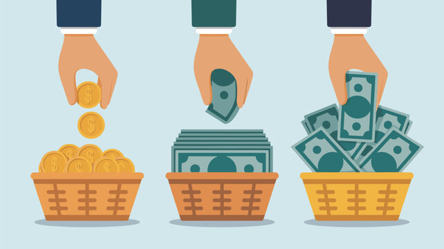 Financial diversification concept showing three hands putting money into different baskets of coins, cash, and banknotes.