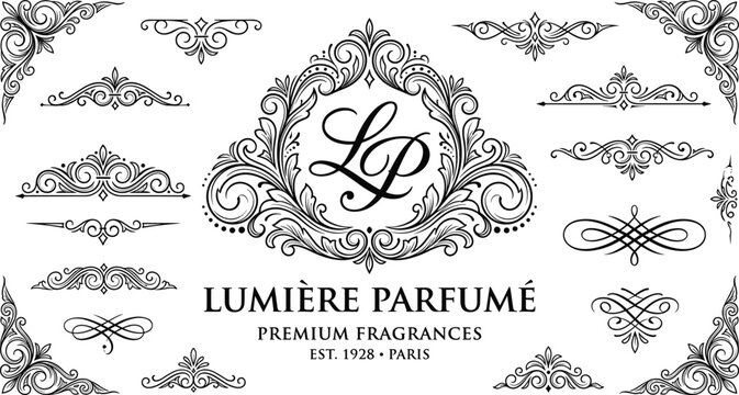 Elegant French perfume brand logo with ornamental dividers and decorative accents.