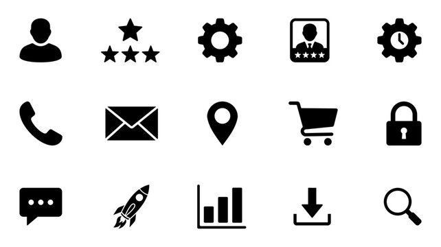 Business, communication, user, rating, settings, profile, phone, email, location, shopping, security icon collection. Solid symbols for web, app, interface, dashboard and digital services.