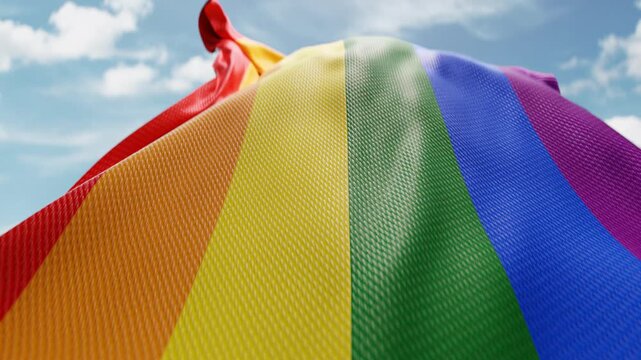 Wavy flag of rainbow pride blowing in the wind in slow motion. Waving official lgbt symbol abstract vertical background. Gender diversity concept