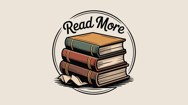Vintage style circular emblem featuring a stack of three books and the text read more on a light beige background for literacy promotion.