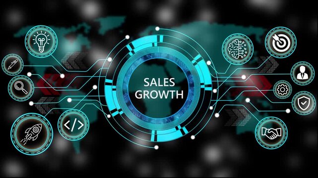 Animation of technology and business process sales growth with digital interface icons. world map background 4k animation video  